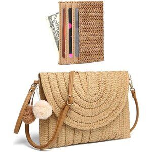 Women Khaki Straw Bag‎ and Card Holder Set Summer Beach Purse Woven Bag